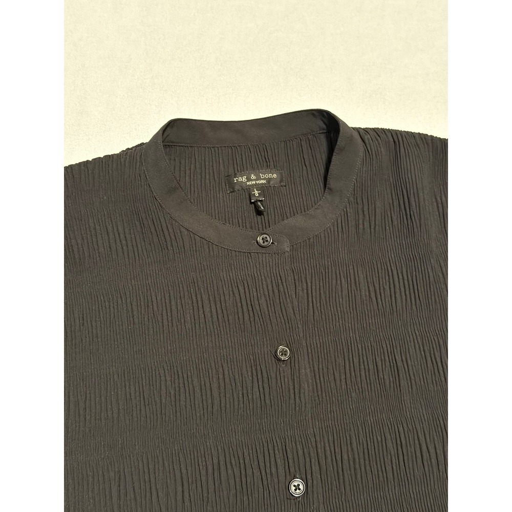 Rag & Bone Black Plisse Crinkle Button Down Band Collar Top Blouse Large - Picture 9 of 14